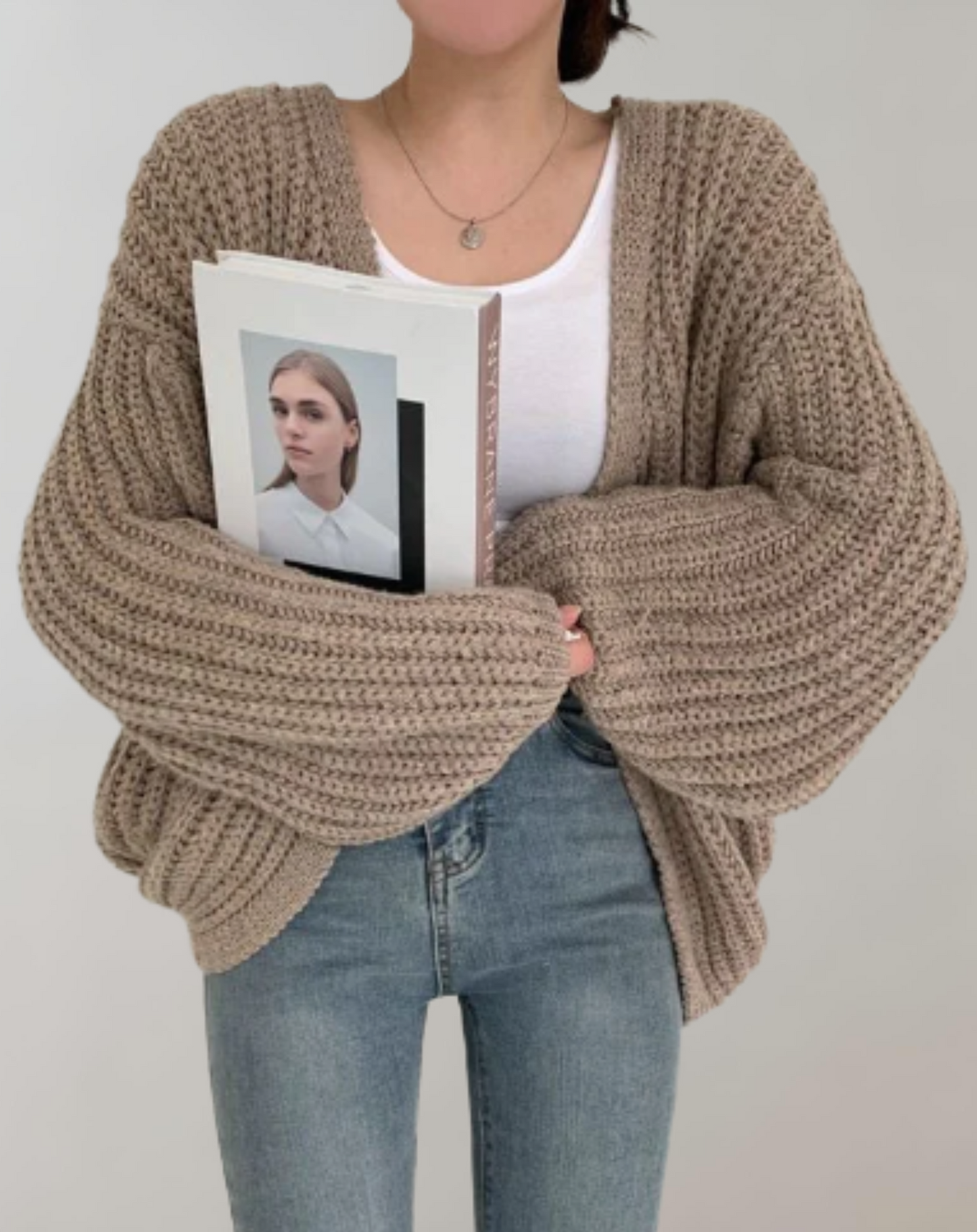 Ansel - Übergroßer Strickpullover mit offener Vorderseite und Laternenärmeln