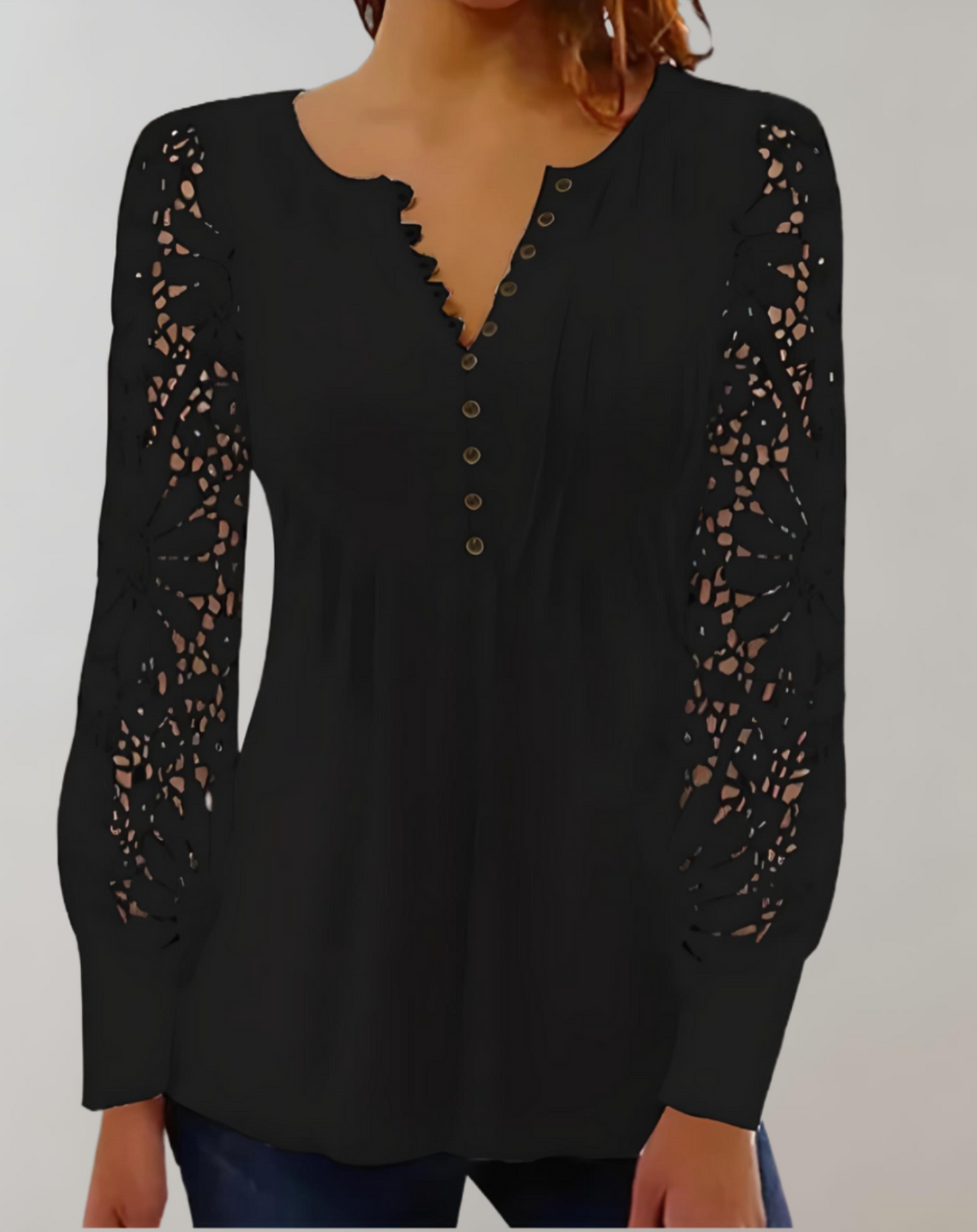 Akira - elegant long sleeve lace top with half button placket and round neckline